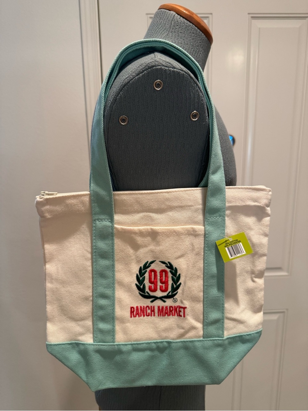 99 Ranch Market Mini Tote Bag WITH ZIPPER Mint/Teal Green & Red